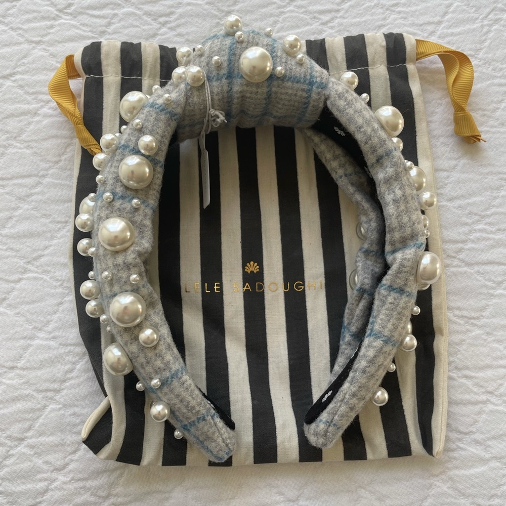 NWT Lele Sadoughi Tweed multi pearl knot headband